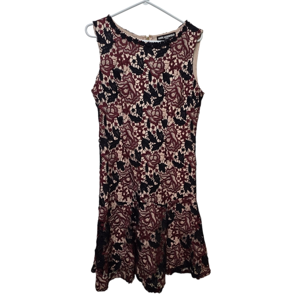 Karl Lagerfeld Floral Sleeveless Lace Dress - Navy and Red Size 10